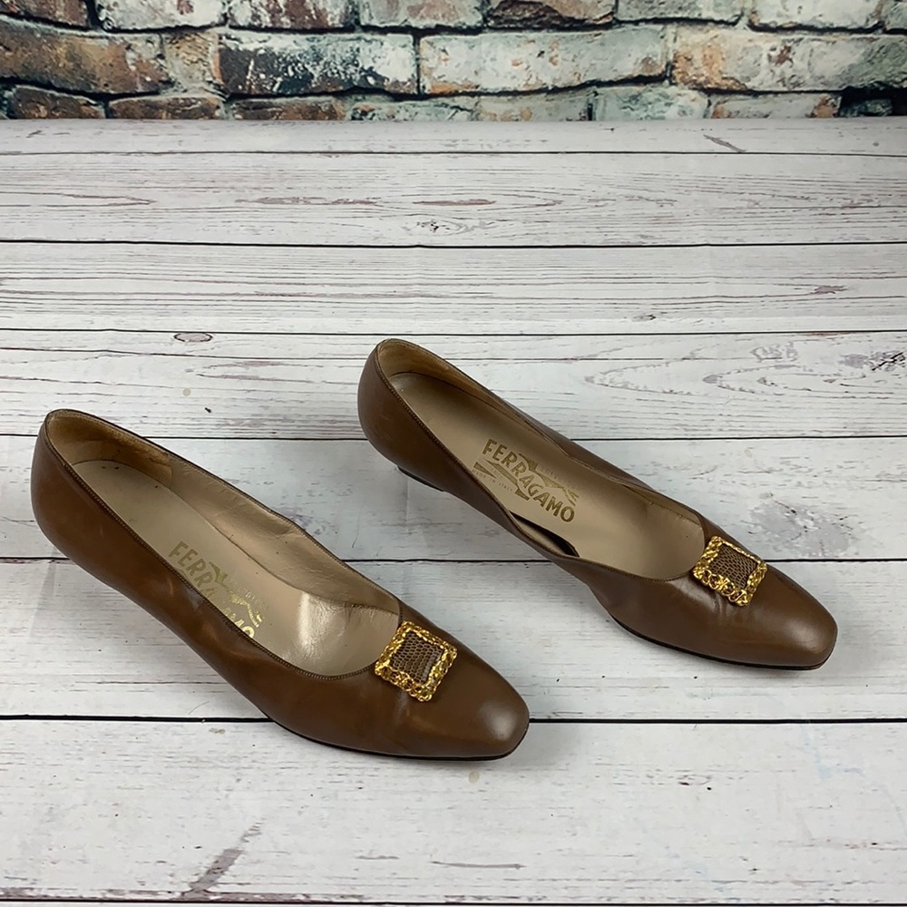 Salvatore Ferragamo Brown Heels with Gold Buckle
